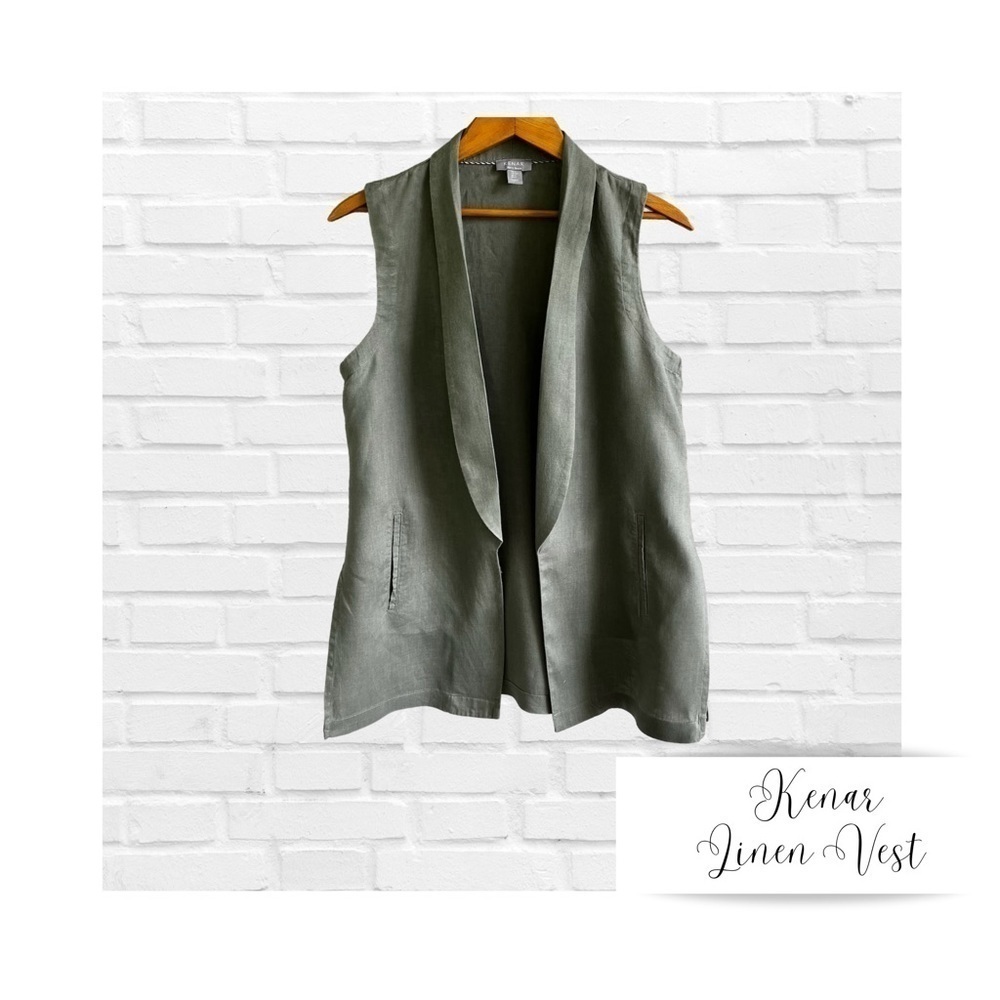 Vintage Kenar Sage Green 100% Linen Waistcoat Vest Preppy Light Academia Small